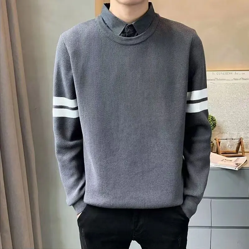 Men's Clothing Striped Pullovers Knitted Spliced Autumn Winter Chic Turn-down Collar Fake Two Pieces Casual Long Sleeve Sweaters