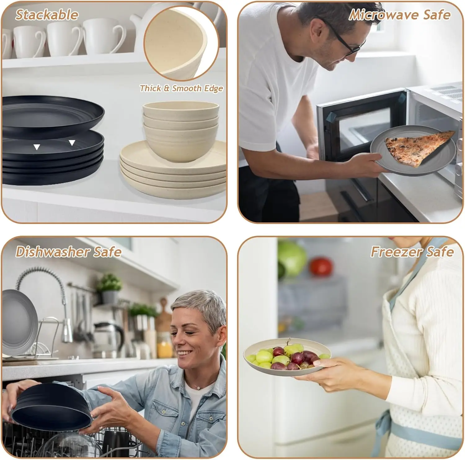 56 قطعة أطقم أواني طعام من قش القمح البيج أطباق وأطباق غير قابلة للكسر قابلة لإعادة الاستخدام أطقم أطباق للتخييم أطباق عشاء للسفر طبق