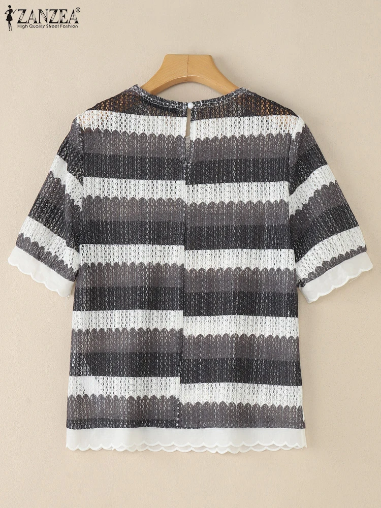 بلوزات كروشيه مخططة للسيدات من ZANZEA أنيقة برقبة دائرية وأكمام قصيرة منتفخة مزخرفة بالدانتيل بلوزات محبوكة لربيع وصيف 2025 #2