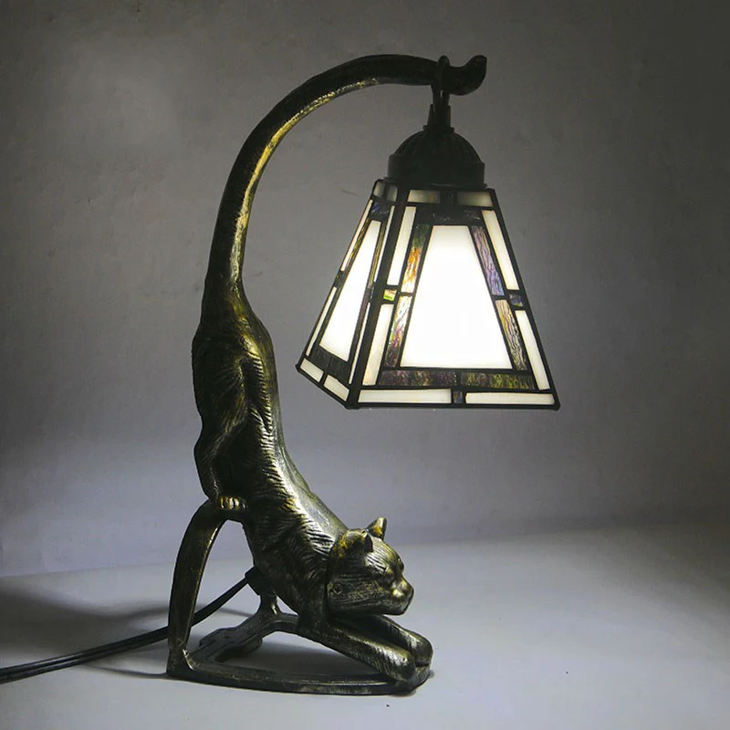 TEMAR Tiffany szklana lampa stołowa LED w stylu Vintage kreatywna nowość dekoracja lampka na biurko dla kota do domu sypialni przy łóżku