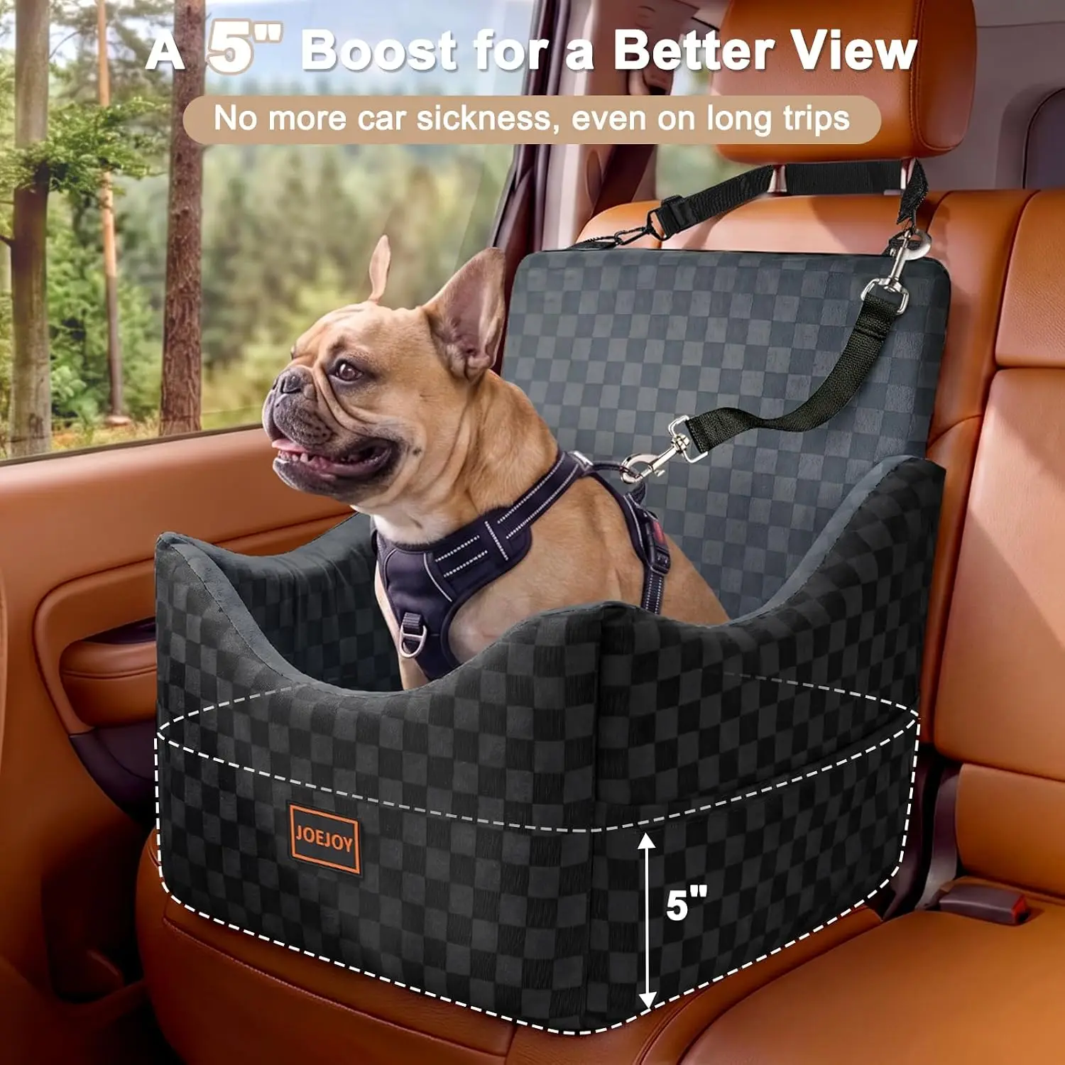 Dog Car Booster Seat for Small and Medium Dogs up to 35 lbs, Elevated Memory Foam Seat with Detachable Washable Cover, Travel-Safe Car Bed with Safety Belts and Storage Pockets, Dark Gray