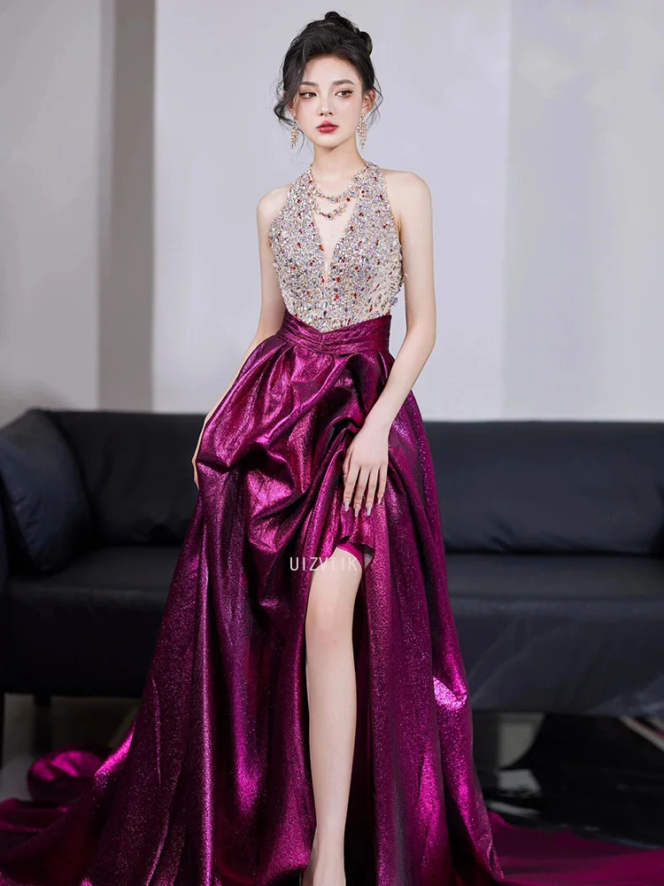 Lichte luxe beroemdheidsfeestjurken Kralen Halter Ruglooze pailletten Vloerlengte Zijde Satijn Vrouw High-end bruiloftsgalajurken