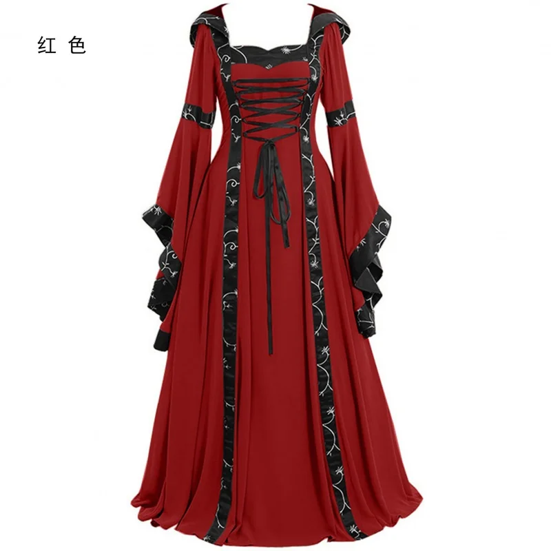 Halloween Costume For Women Medieval Retro Hooded Dress Square Collar Lace up Bell Sleeve Large Swing Court Princess Queens Suit