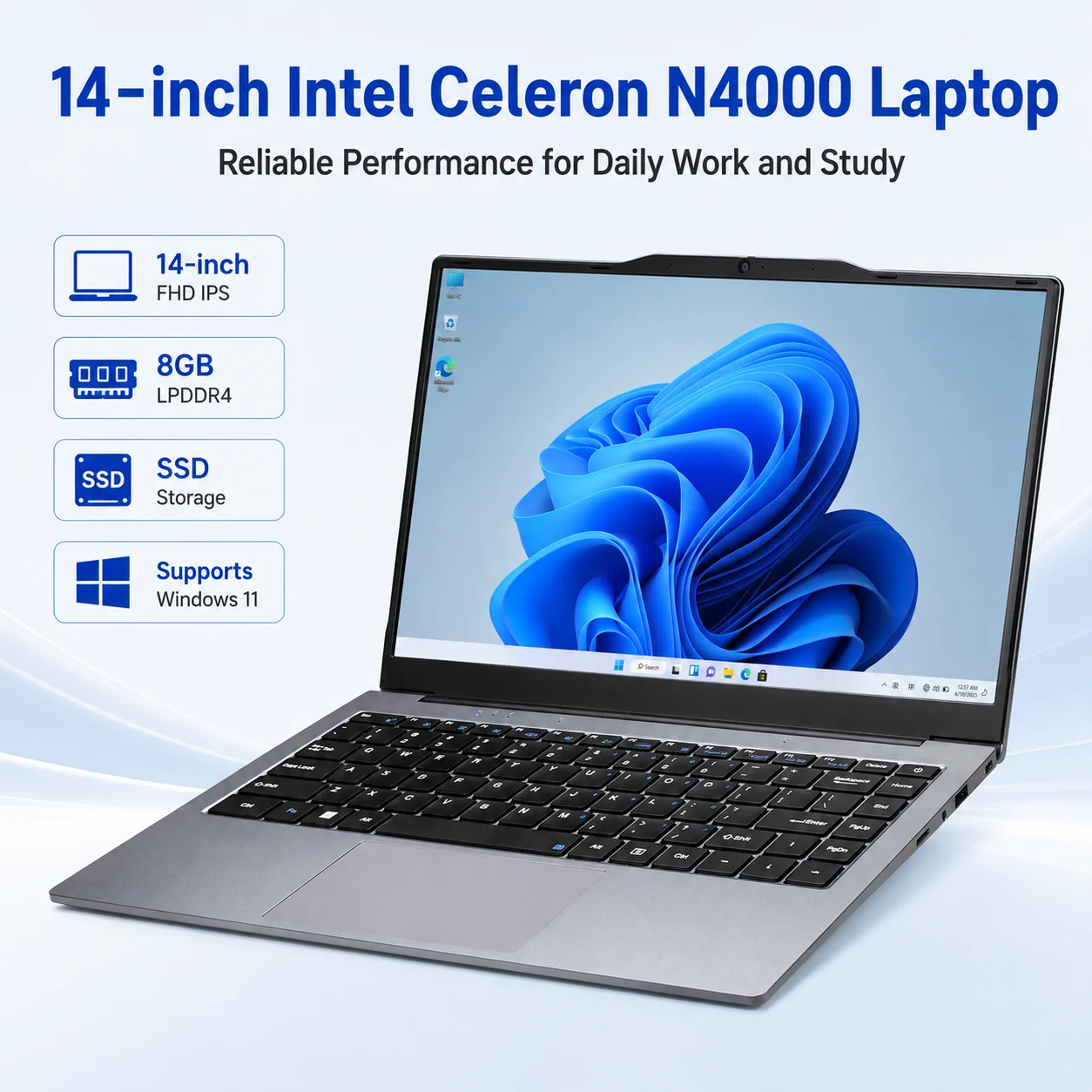 14 Inch Laptop Intel Celeron N4000 8GB RAM M.2 SSD 1920x1080 FHD IPS Supports Windows 11 Notebook Computer for Study Office