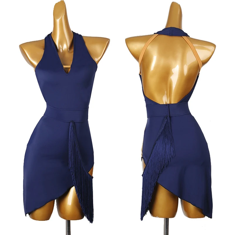 

Navy Blue Latin Dance Dress Women Halter Backless Dresses Fringe Cha Cha Rumba Stage Wear Samba Dancing Performance Outfit 3467