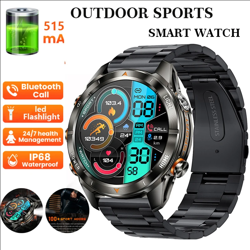 

2025 спортивные умные часы для мужчин, 1,46 дюйма, AMOLED-экран, светодиодный фонарик, аккумулятор 515 мАч, 5 АТМ, водонепроницаемые умные часы с Bluetooth-вызовом