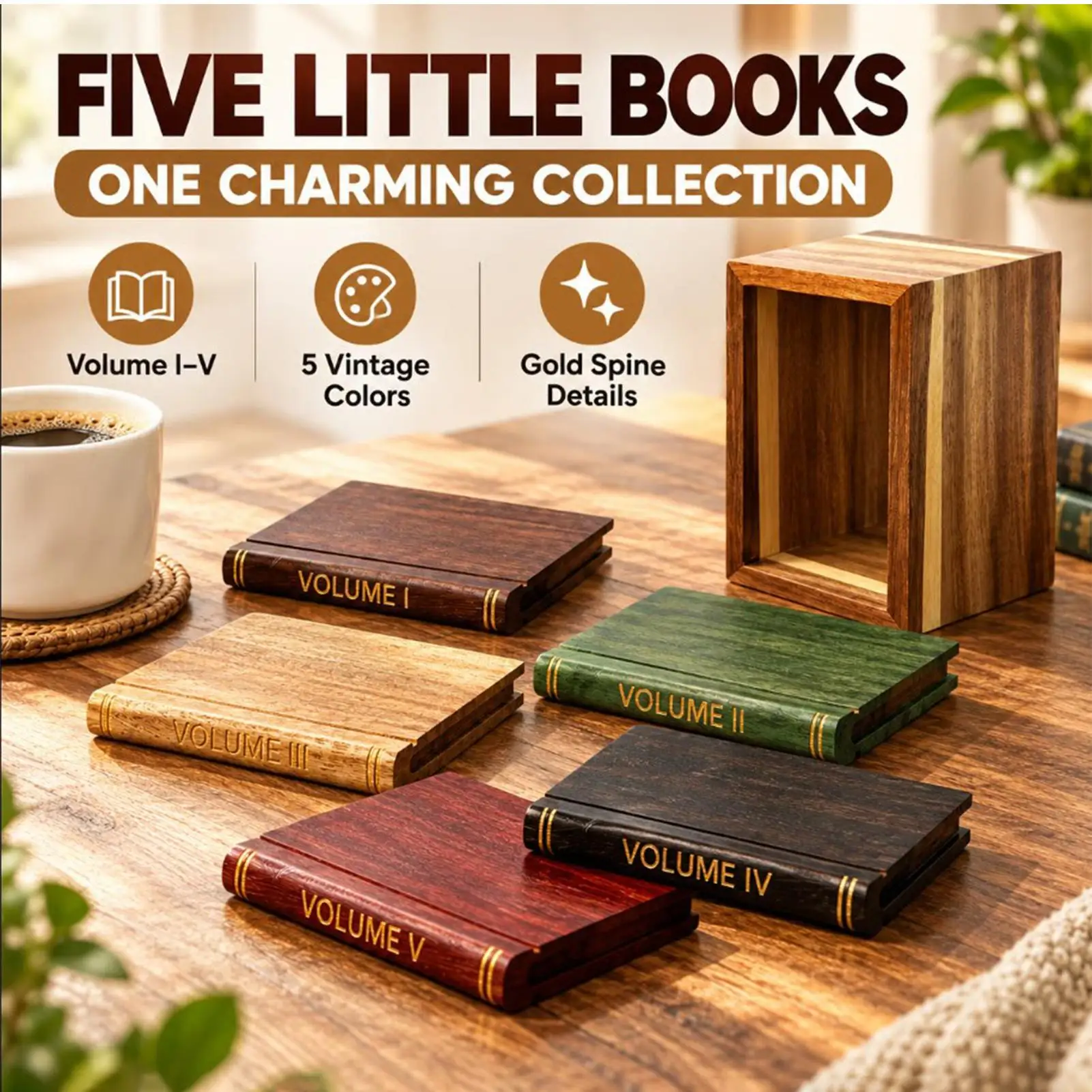 Wood Book Coaster Set, 5 Vintage Design Drink Mats with Stand Drink Coaster Kitchen Decor for Women Men Bookish Office