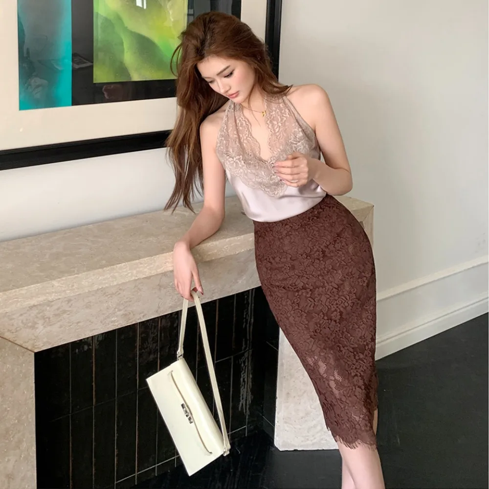 

Spring Summer 2026 Slimming High Waist Lace Midi Skirt Women's Half Body Skirts Fashion Design Standard Fit X-Shape Stripe Pa...