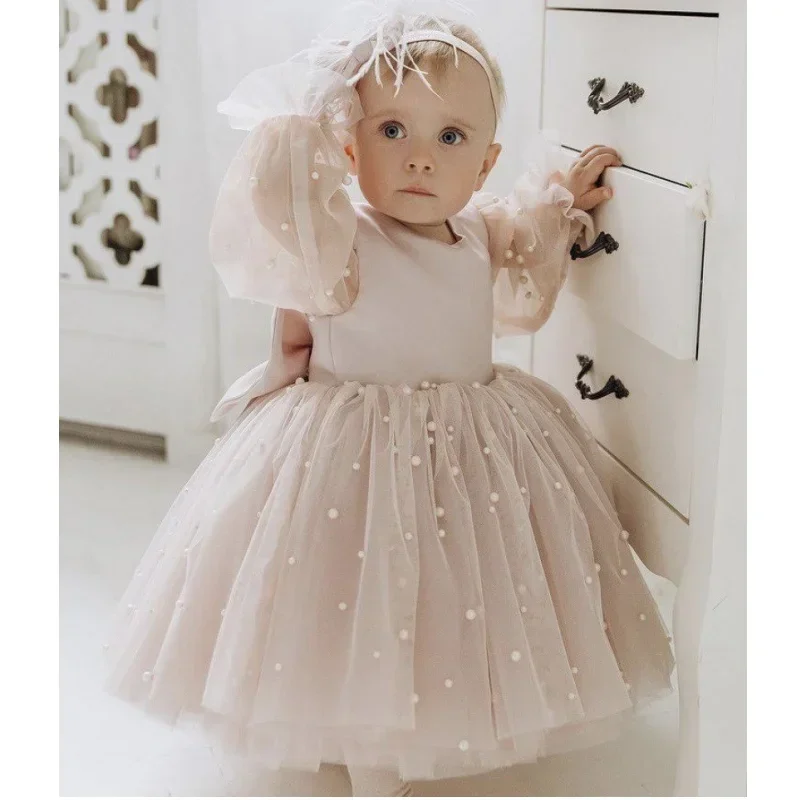 Birthday Party Holy Communion Gowns Flower Girl Dresses Blue Tulle Puffy Pearls With Bow Long Sleeve For Wedding