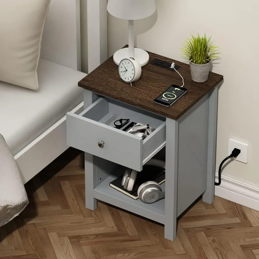 

Nightstand with Charging Station, Wooden Top Bedside Table with Drawer and Storage Space for Bedroom, Grey