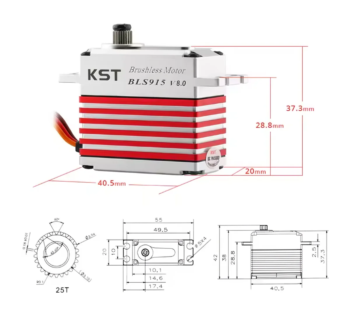 KST BLS915 V8.0 브러시리스 HV 메탈 디지털 서보 모터 25kg 0.07초 550-700 헬리콥터 1/10 RC 자동차 로봇용