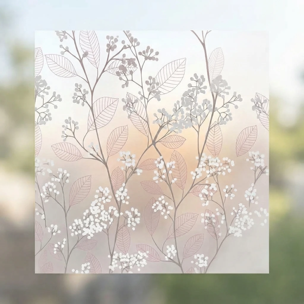 Pink Leaf & White Flower Self-Adhesive Window Film Frosted Glass Privacy Decorative Tint for Bathroom Bedroom