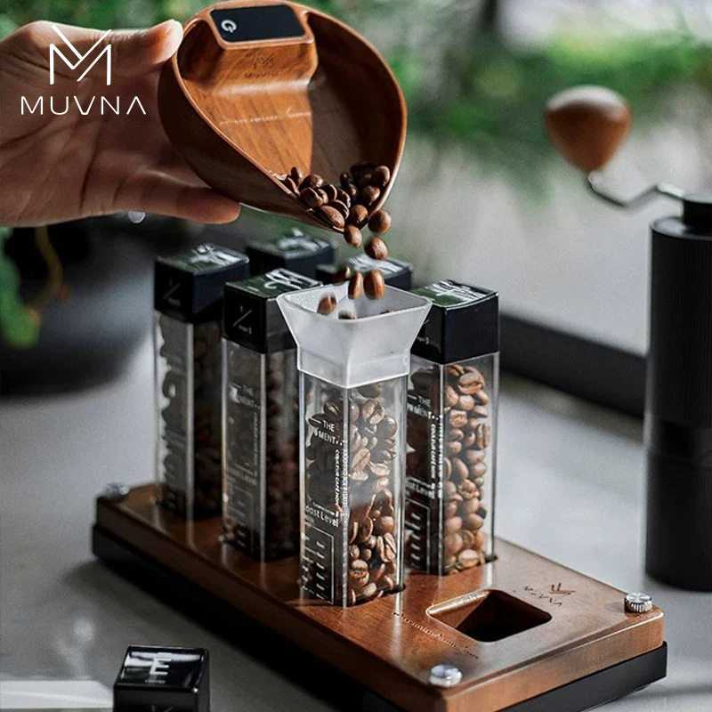 MUVNA 6/12pcs Coffee Bean Dispensing Bottle Walnut Base 20g Storage Test Tube Coffee Bean Display Rack Sealed Jar Coffee Tools