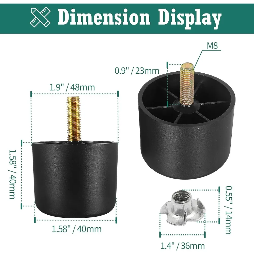 Patas de plástico para muebles de 1-1/2 pulgadas, patas de mesa cónicas redondas, patas de sofá negras, patas de repuesto con pernos de suspensión M8 para mesa de sofá