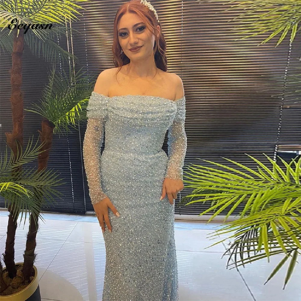 

Glitter Mermaid Light Blue Evening Dresses Long Sleeves Strapless Beads Sequined Arabic Prom Gowns Sparkly Formal Occasion Dress