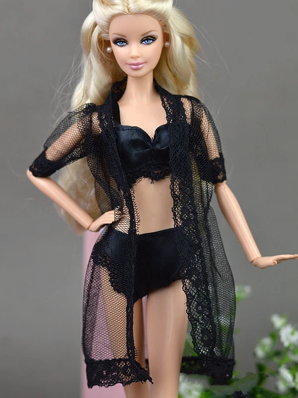 Acessórios para bonecas, pijama sexy preto, lingerie, roupa de dormir, casaco longo de renda, roupa noturna + sutiã + roupa íntima para boneca barbie