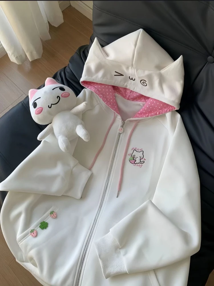 Maglione con cappuccio patchwork con ricamo gatto femminile autunno nuovo cardigan giapponese Kawaii cappotto allentato cerniera da donna vestiti dolci adorabili