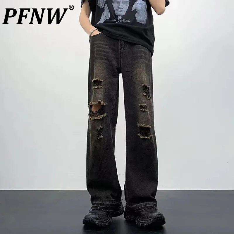 

PFNW 2024 Autumn American Ripped Design Jeans Men's High Street Worn-out Loose Straight Leg Pants Trendy Denim Trousers 28W4321