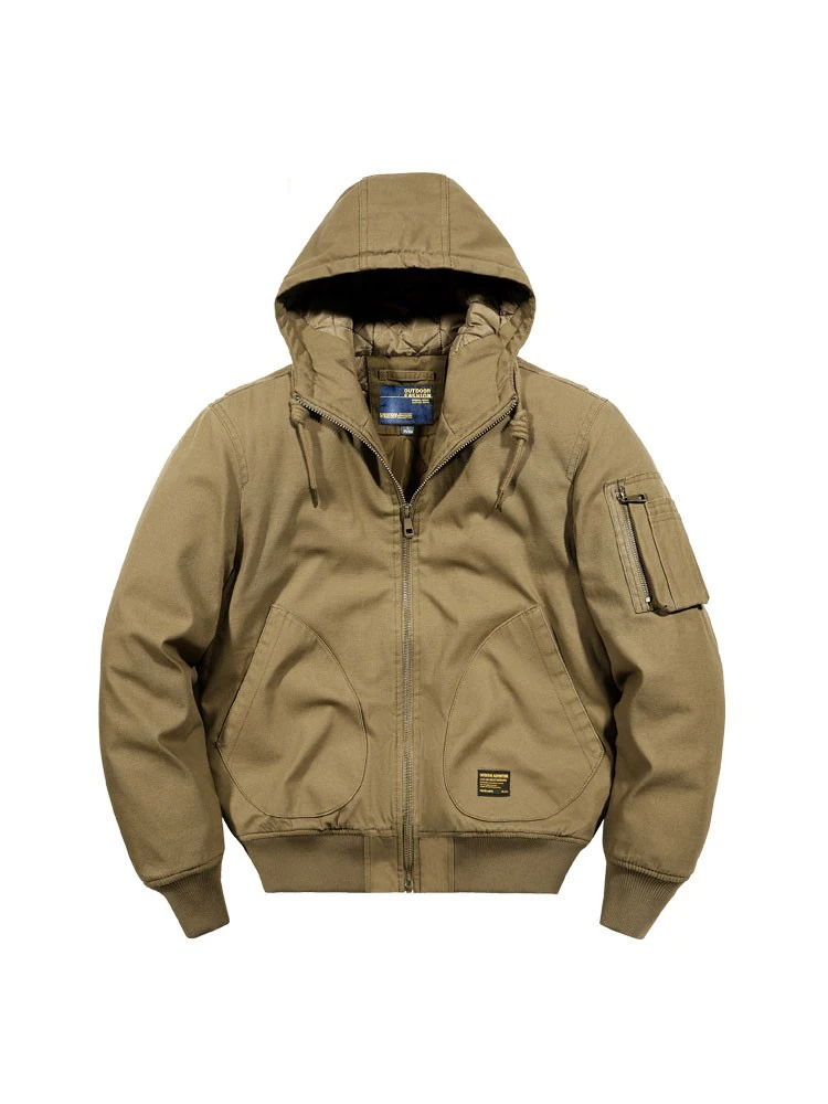 

Winter Thickened Cotton Jacket for Men Loose Workwear Coat with Hood Poly Fiber Padded Long Sleeve Zipper Closure Color