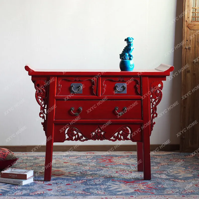 Chinese-style painted solid wood foyer cabinet, porch cabinet, warped head engraved case desk