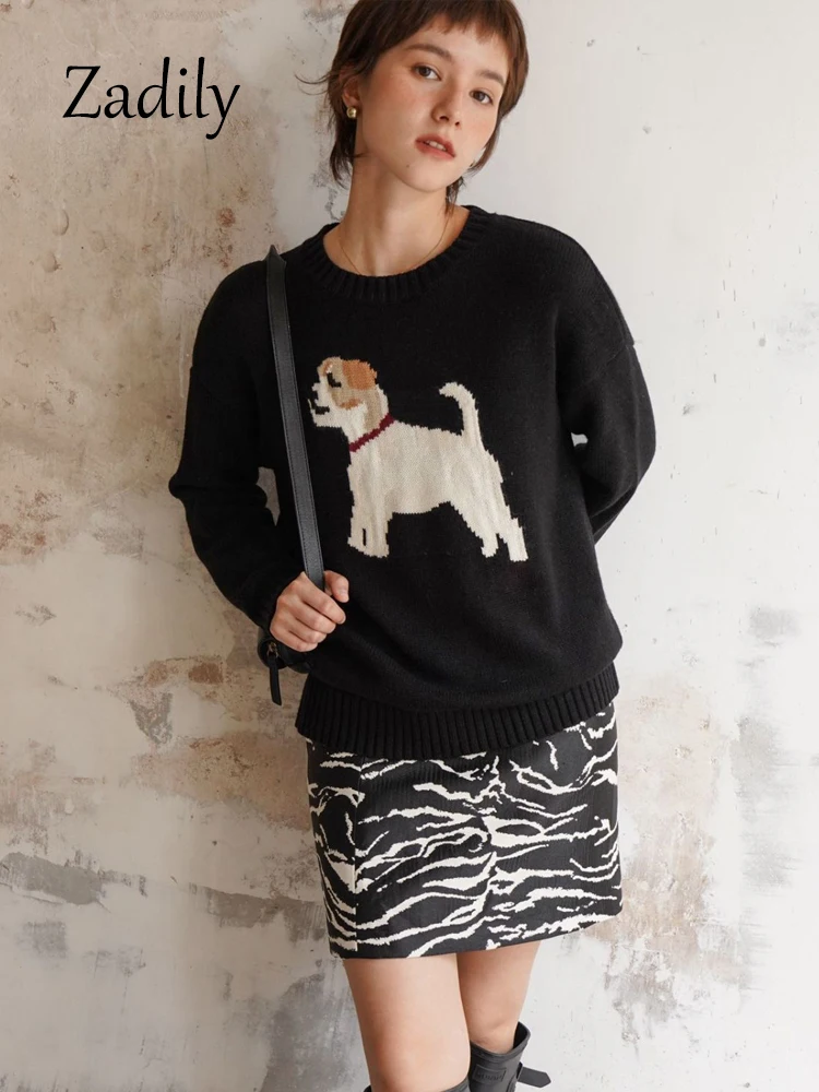 Zadily 2023 Winter Casual Long Sleeve Women Dog Embroidery Sweater Korea Style O neck Warm Knit Ladies Pullovers Female Clothing