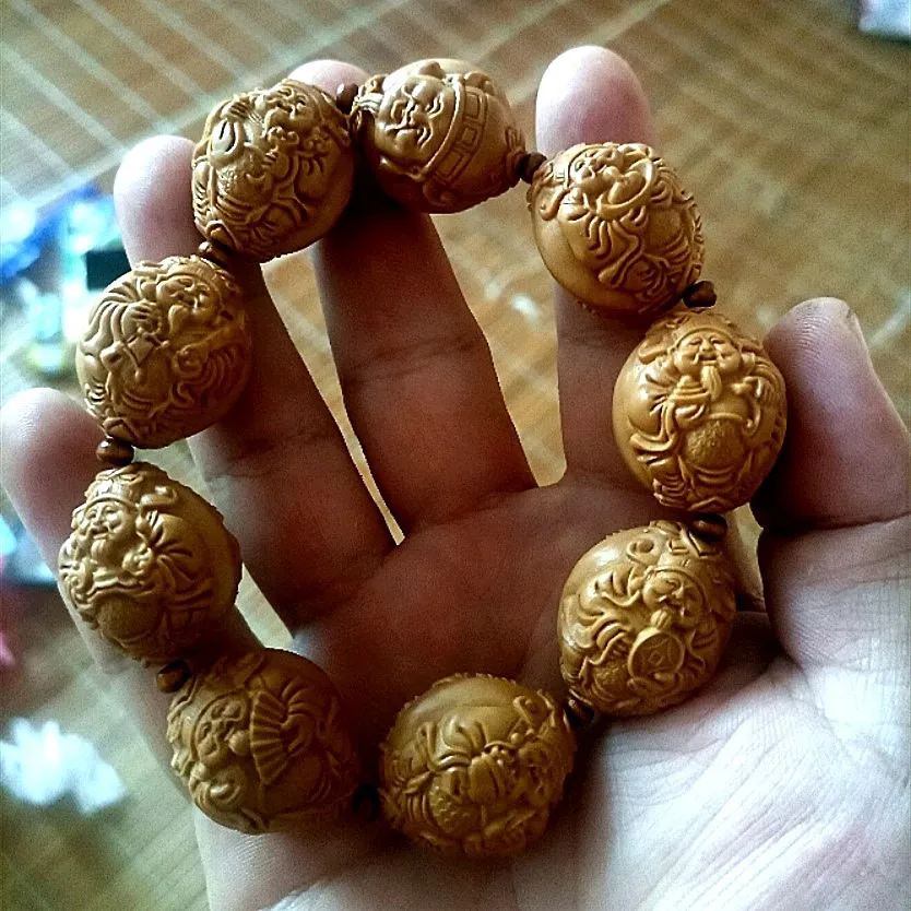 Olive Pit Carved Nine Dragon Caishen Relief Double Sided Eight Wealth Gods Mens Cultural Wood Bracelet Lucky Fortune Blessing