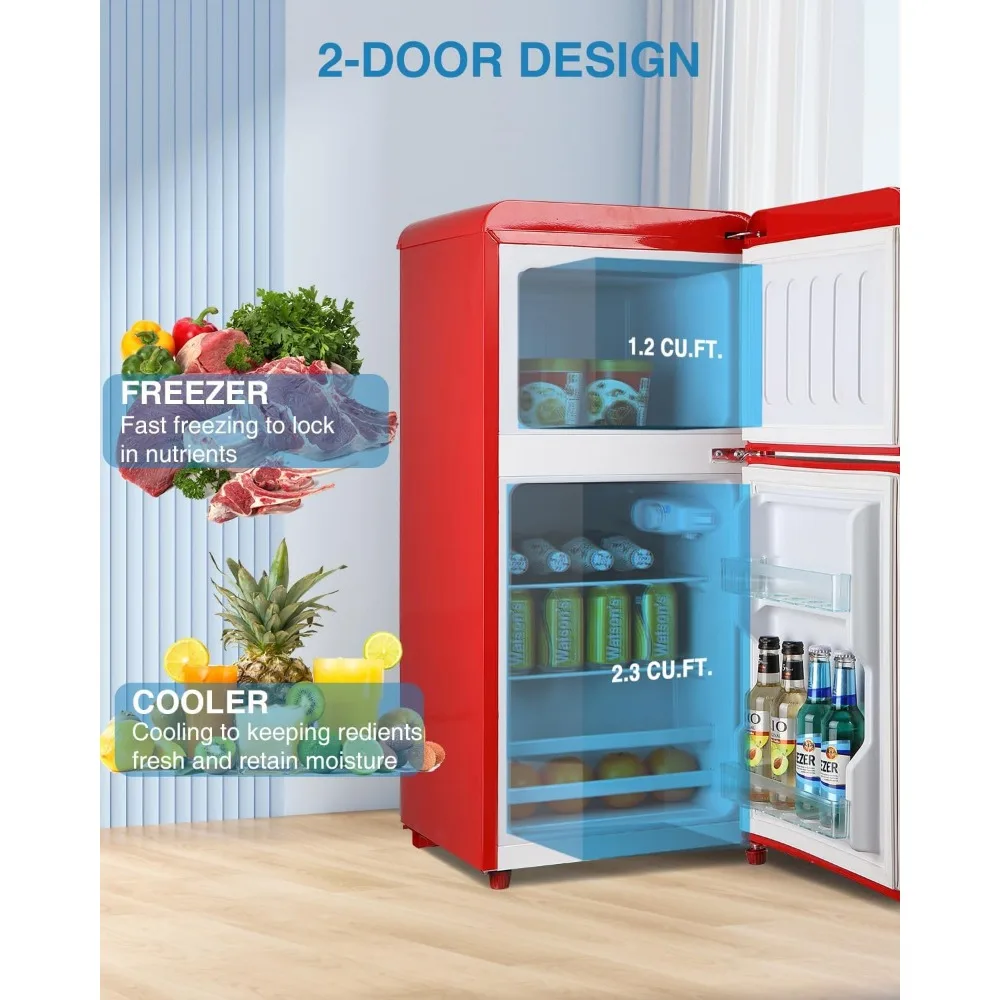 Mini Geladeira com Freezer para Apartamento, Mini Geladeira Vermelha, Prateleiras Ajustáveis, Temperatura de 7 Ajustes, 3,5 Cu. ft