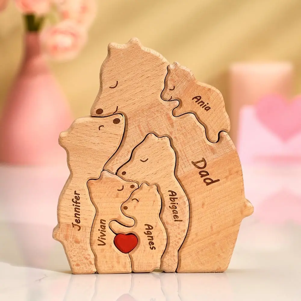 

Single Mom Personalized Bear Family Single Parents Bear Wooden Puzzle Animal Sculpture Decorative Free Engraving Single Dad Gift