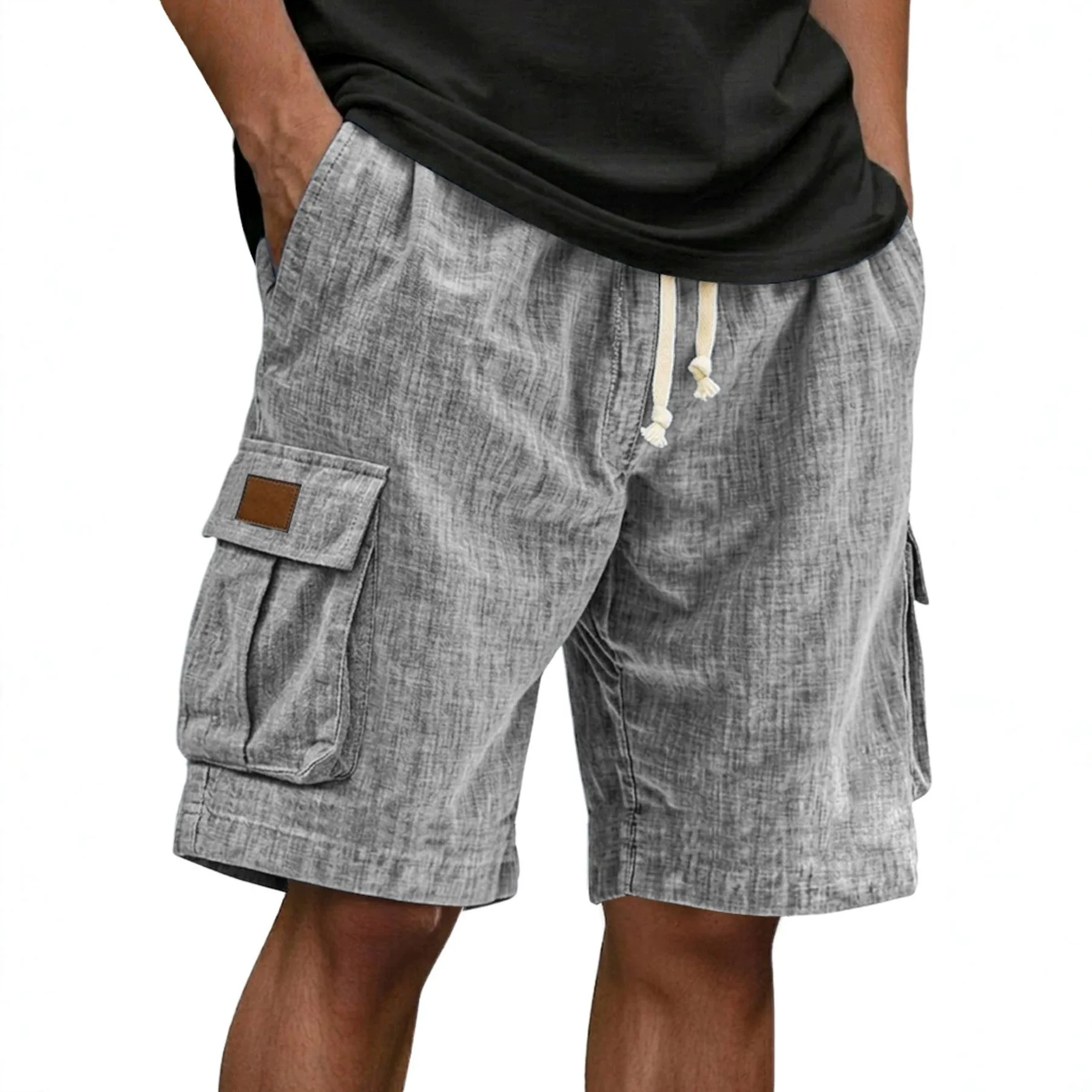 2026 Men Washed Textured Cargo Shorts Drawstring Elastic Waist Multi Pocket Loose Fit Summer Beach Casual Outdoor Walking Shorts
