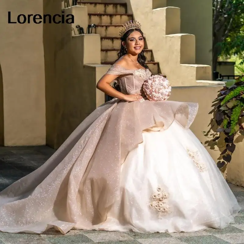 

Lorencia Blush Tiered Quinceanera Dress Ball Gown Bling Crystal Beaded Appliques Lace Pleat Sweet 16 Vestidos De 15 Años YQD607