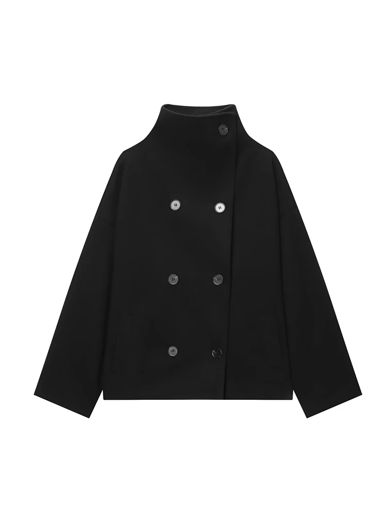 Tfmln novas mulheres sólido gola alta casacos de lã estilo simples bolsos duplos casacos casuais soltos jaqueta feminina commuter