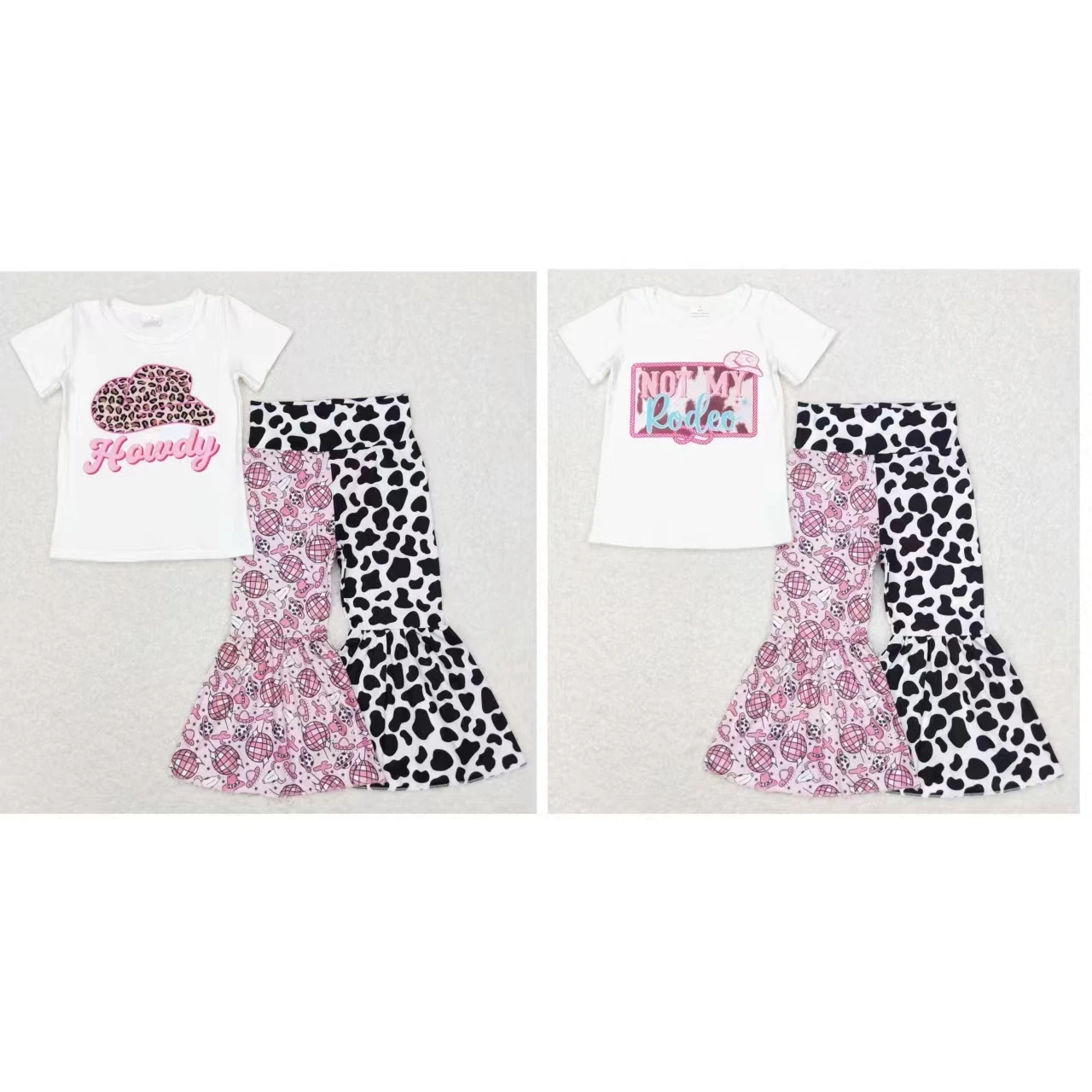 

Wholesale Baby Girls Toddler Short Sleeves White T-shirts Kids Cow Print Bell Pants Infant Outfit Infant Children Western Sets