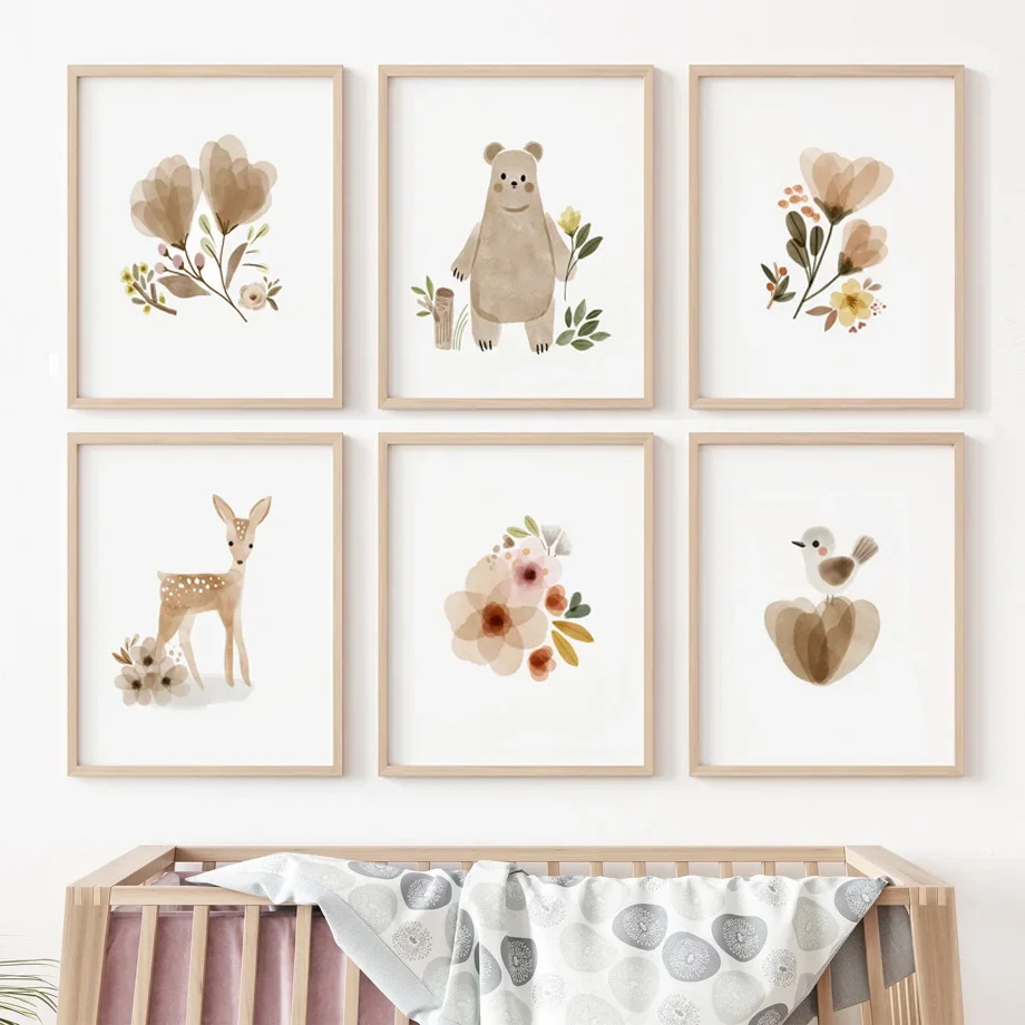 Bear Deer Rabbit Woodland Nursery Abstract Boho Wall Art Canvas Painting Posters And Prints Pictures Cute Baby Kids Room Decor