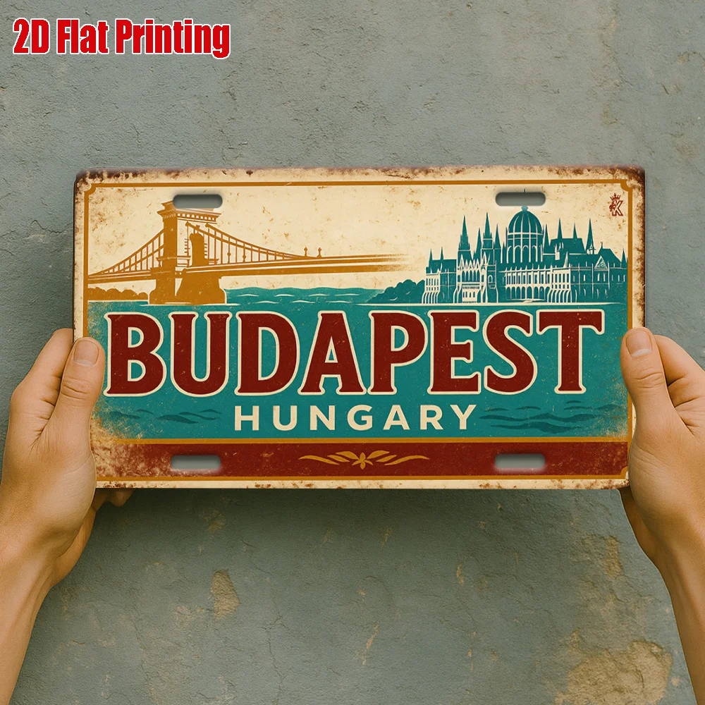 Placa de matrícula de metal con escena de puente Budapest plana de una sola pieza 2D, perfecta para galerías, lofts, salas de estar y paredes con funciones