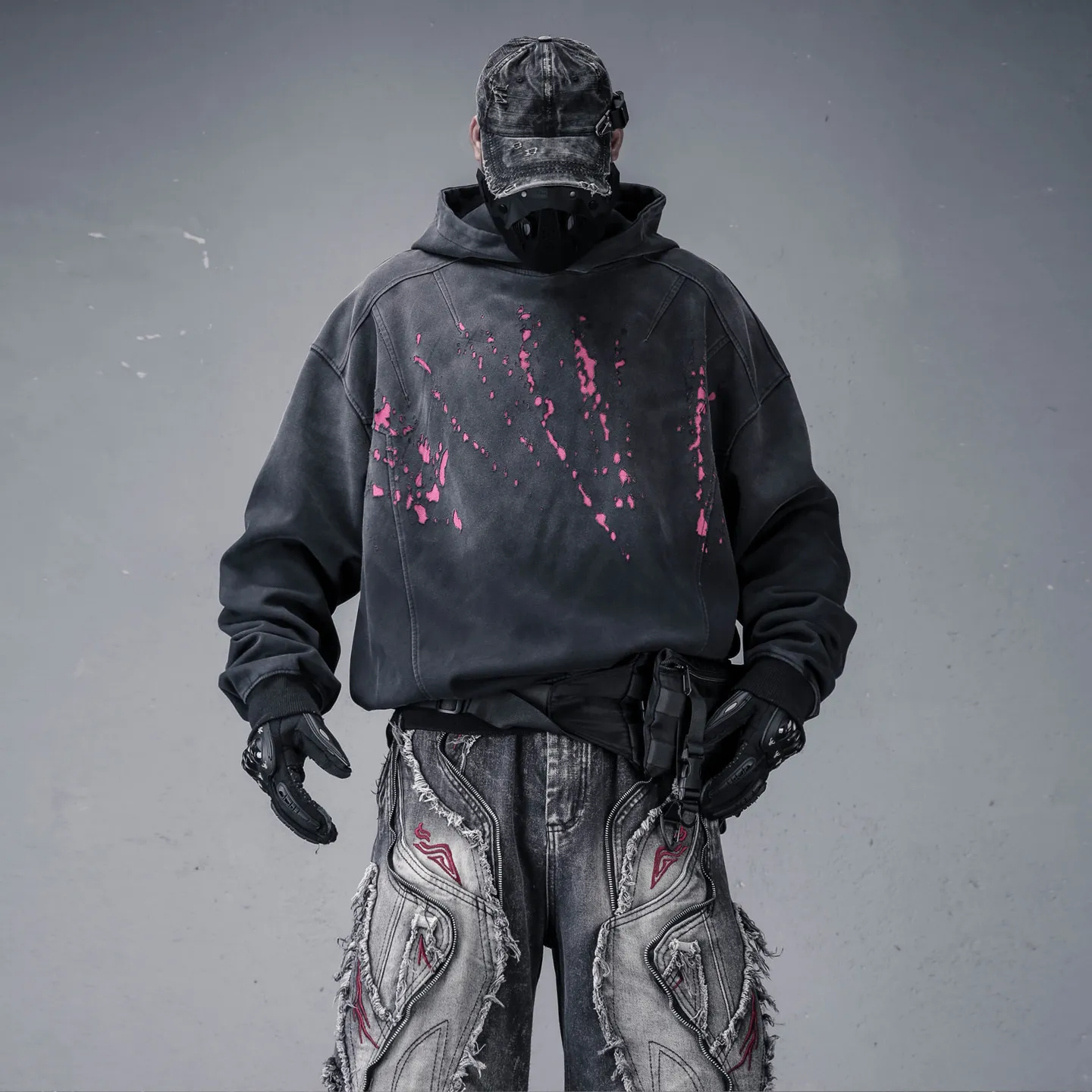 Designer Techwear High Street Hiphop Yabi Splash Ink Hole Scratch Hooded Sweater Heavy Washed Long Sleeve Hoodie
