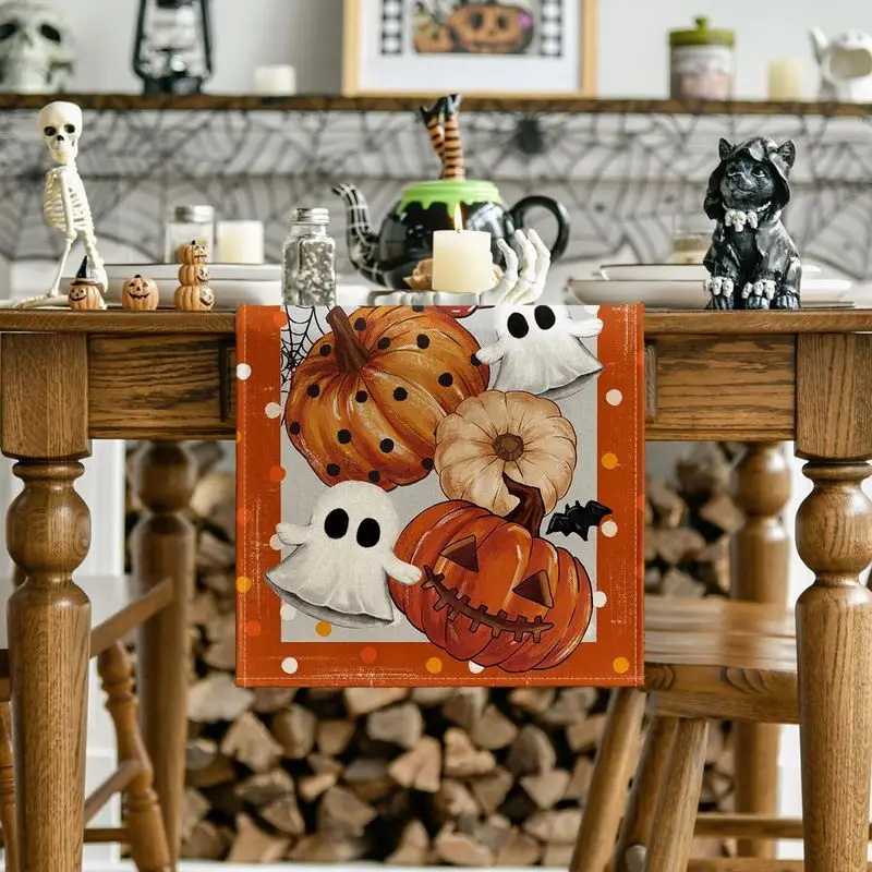VIKAMA Halloween Table Runner Vintage Polka Dot Pumpkin Ghost Bat Spider Web for Dining Table Home Farmhouse Holiday Party Decor