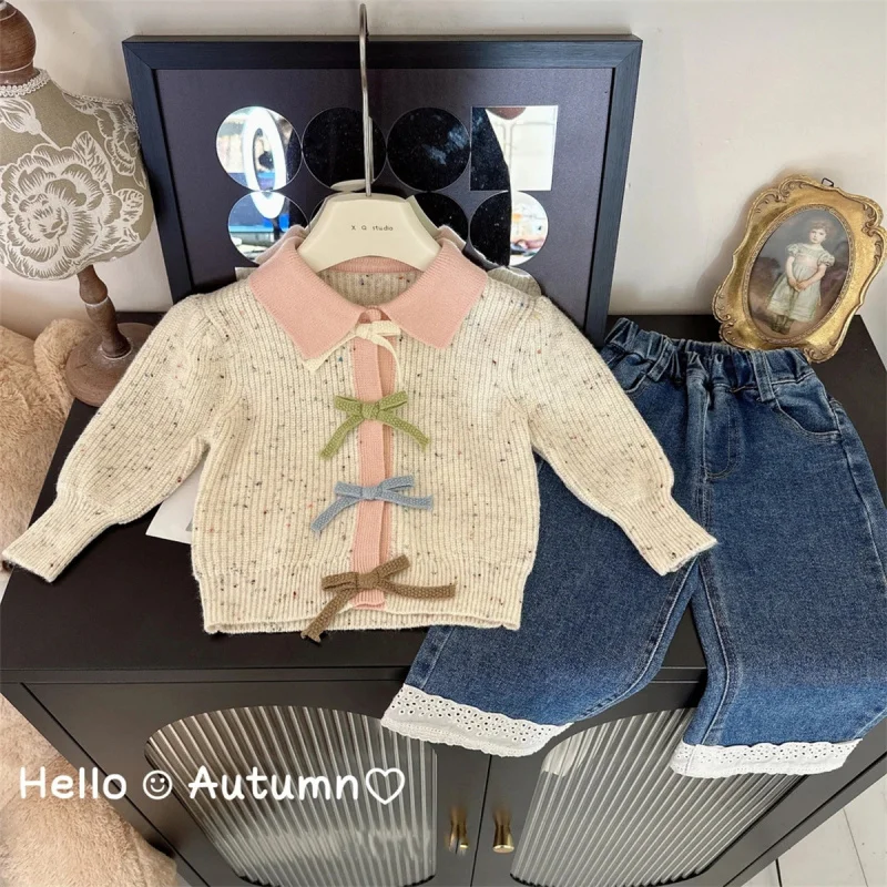 

Girls' Bow Sweater Cardigan Baby Girl Western Style Knitted Turn-down Collar Coat Baby and Infant Tops Spring, Autumn and Winter