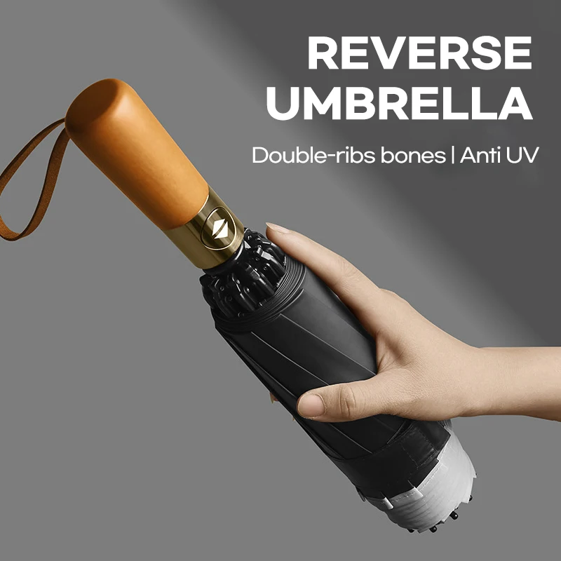 Automatic Reverse Umbrella Men Women UV Protection Wooden Handle Sun Umbrella Windproof Strong 10K Folding Umbrella Parasol