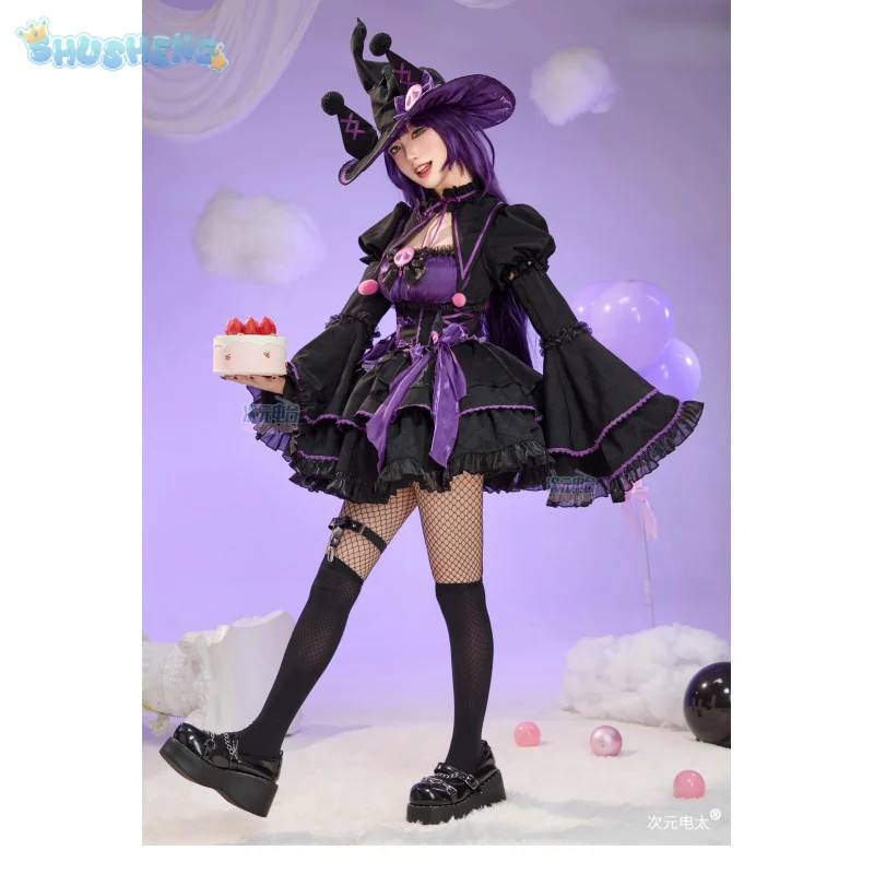 أنيمي كورومي تأثيري الساحرة الصغيرة زي هالوين كرنفال الحلو لوليتا فستان قبعة اكسسوارات الجوارب الدعامة Kuromi القوطية مجموعة #3