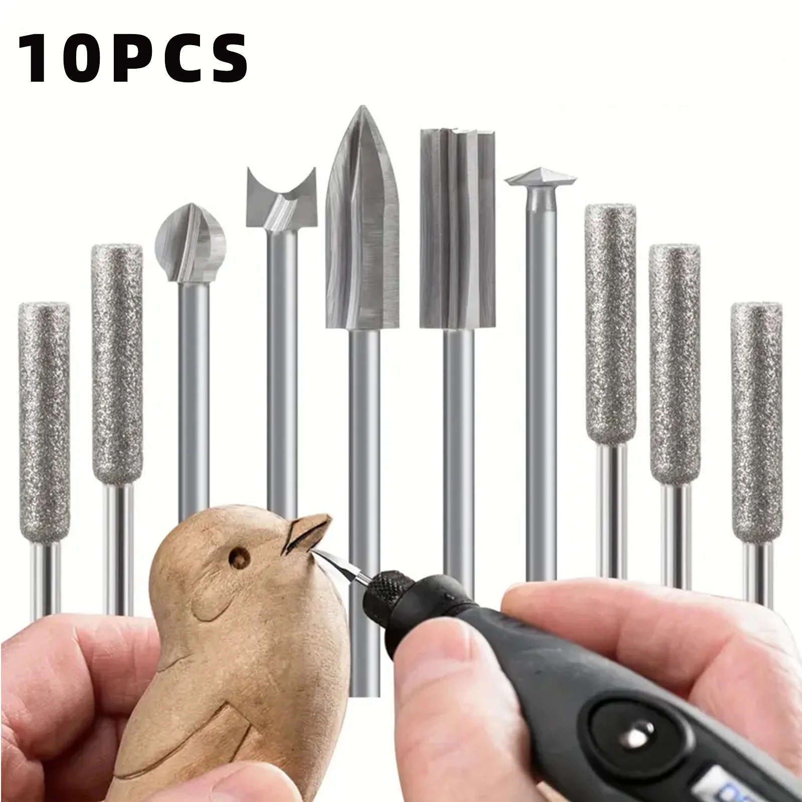 10PCS Wood Carving Drill Bit Set 5 Carving Tools 5 Sharpening Rods 1/8