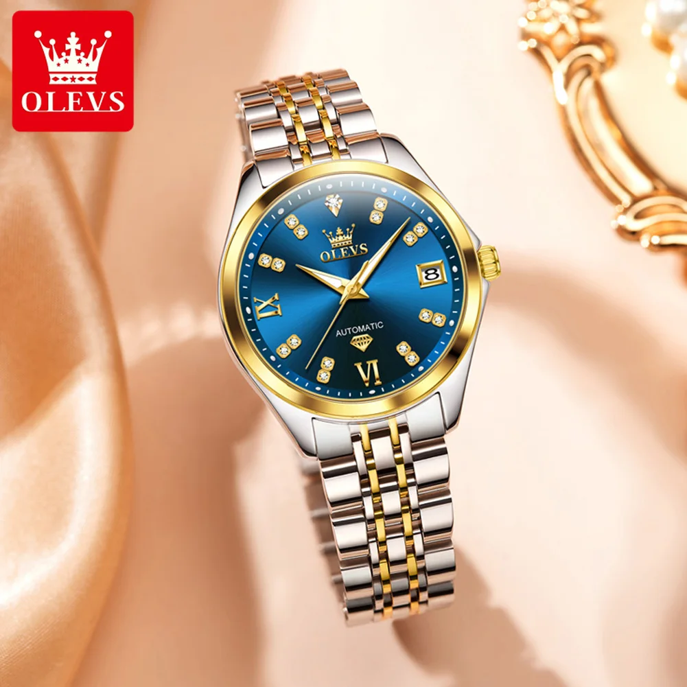 OLEVS 9801 Diamond Scale Date Mechanical Watch For Women Luxury Waterproof Stainless Steel Woman Hand Clock Buiness Dress Watch