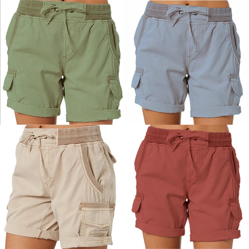 Women Shorts Cargo Pants Shorts Elastic Waist Short Pants Cotton Linen Pocket Summer Beach Solid Color Sliming Comfot Breathable