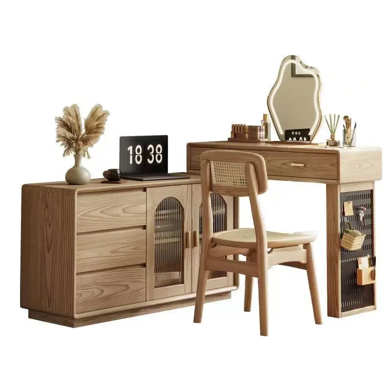 

Nordic ash wood solid chest storage integrated bedroom cloud mirror log makeup table dresser