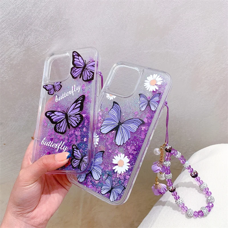 Butterfly Purple Quicksand Case for iPhone 13 14 15 16 Pro Max iphon 12 Lanyard Women Cover Phone Funda Shield Funda Luxury Hull