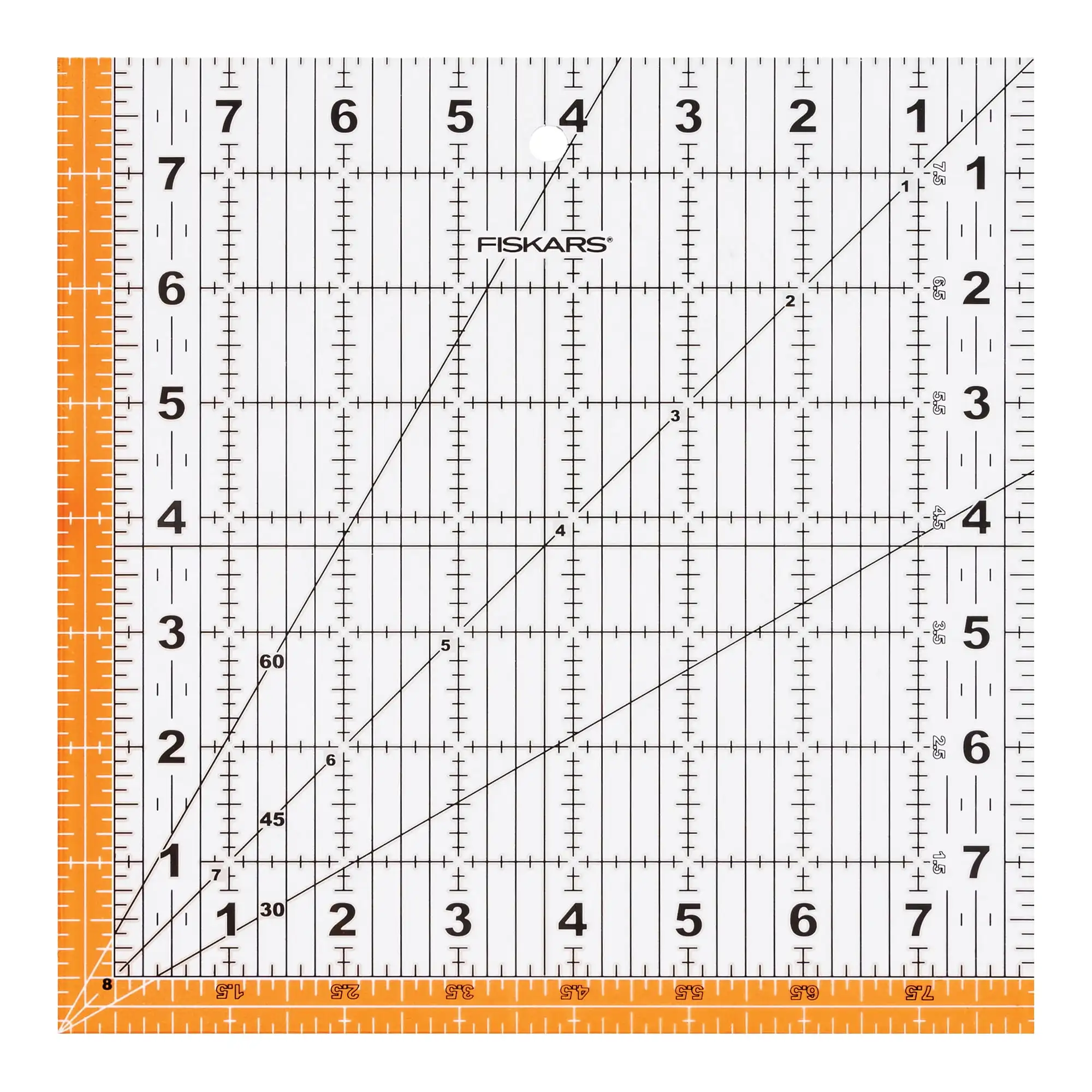 Fiskars 8.5in x 8.5in Square Sewing Ruler, Measuring Tool, Durable 3mm thick clear acrylic, Center 45-degree bias line