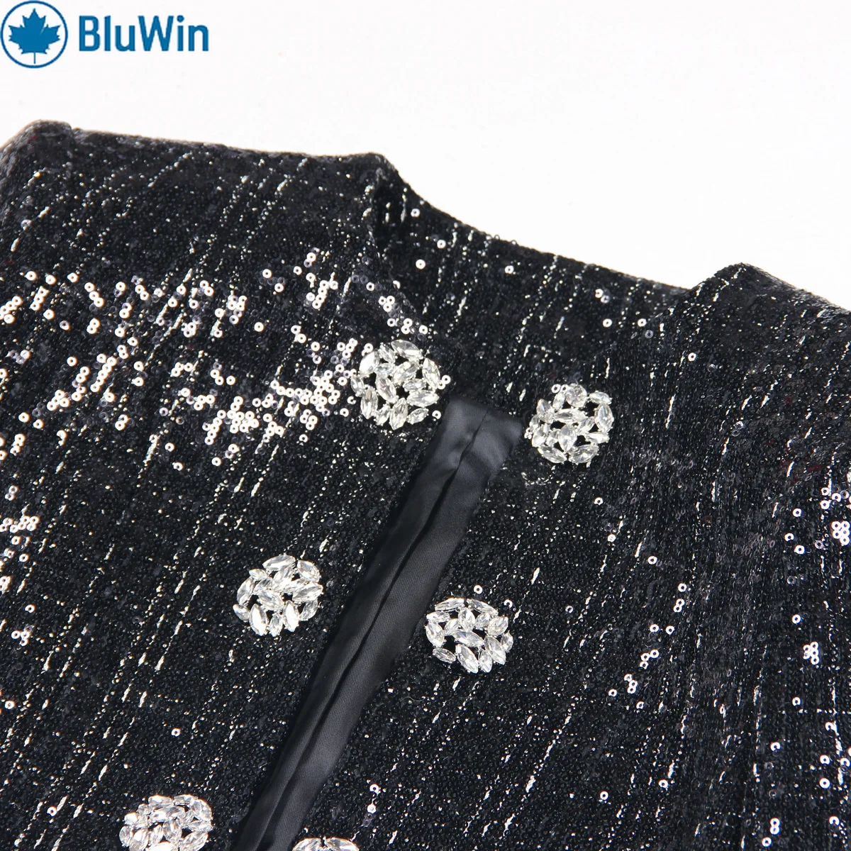 BluWin Elegant Black Tweed Jacket – Crystal Button Details for a Timeless, Sophisticated Look