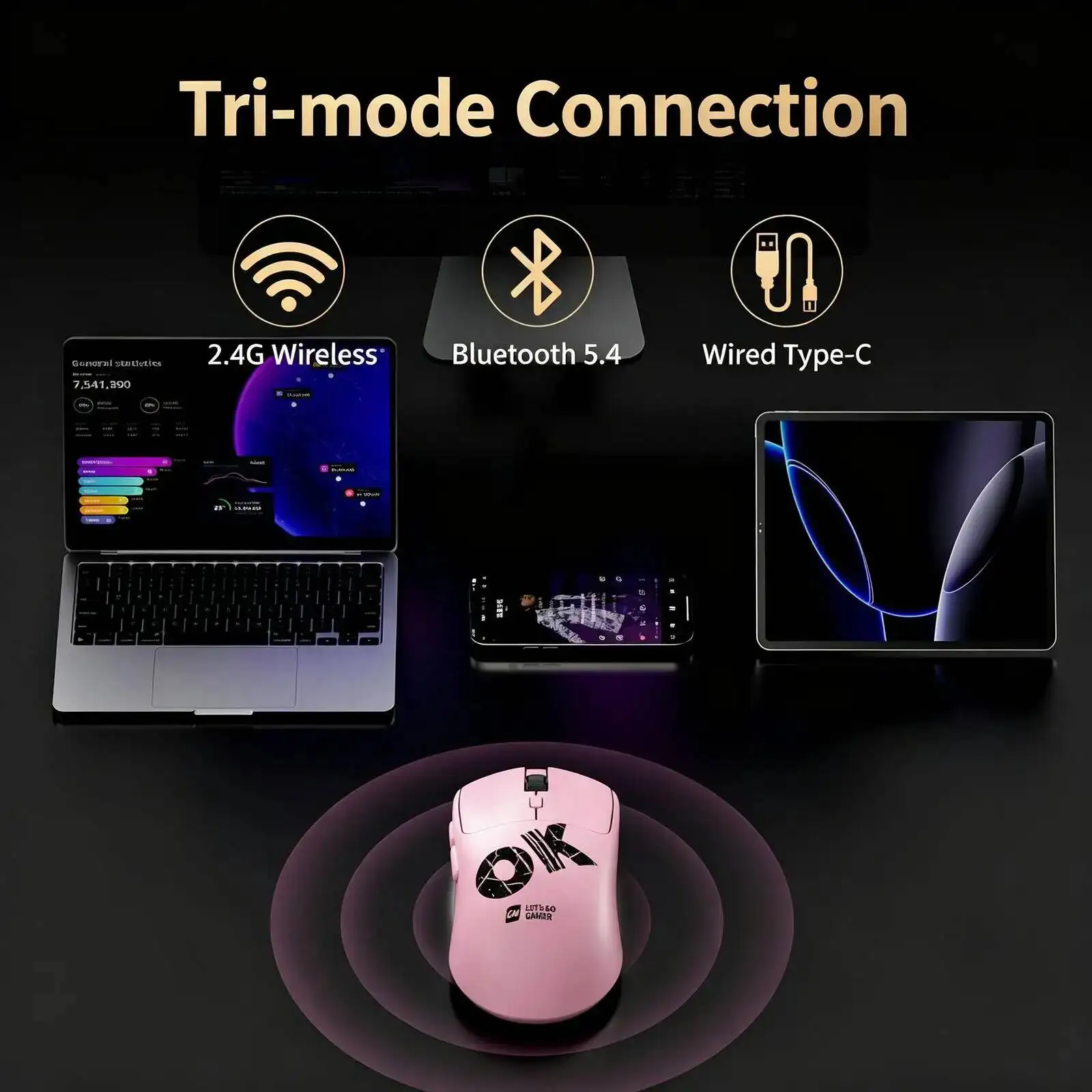 Wired+2.4Ghz+Bluetooth WirelessTri-Mode Gaming Mouse 1000Hz Polling Rate Macro Customizable Optical Mute Mice For Desktop Laptop