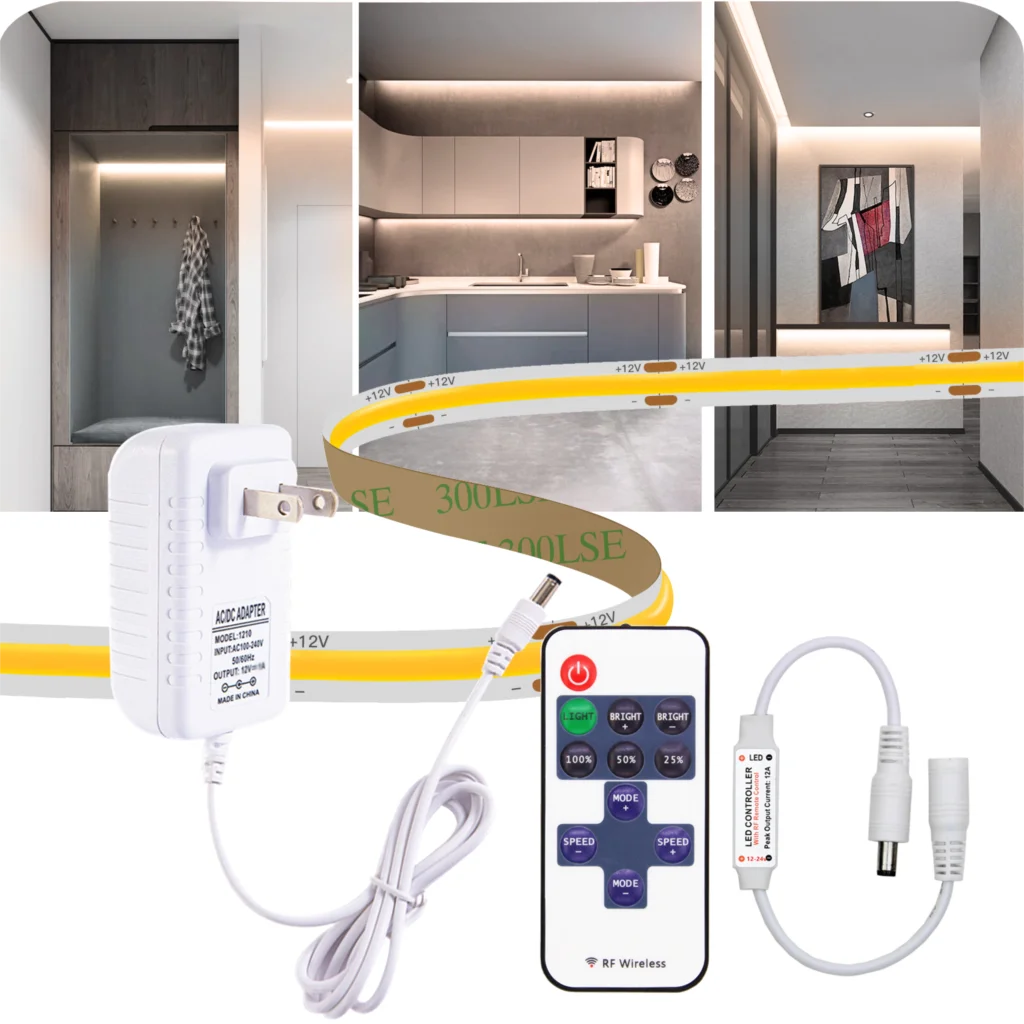 COB Led Strip Tape Light 12V 320 leds/m Width 8mm with Adapter RF Remote Cabinet Door Touch Dimmer Hand Sweep PIR Motion Sensor