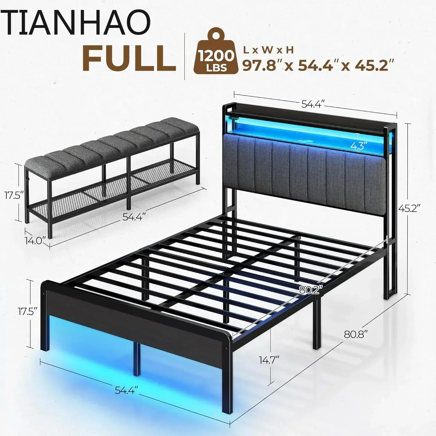 Metal Slats Full Bed Frame,  with Storage Shelves with Charging Station & LED Lights Upholstered Headboard