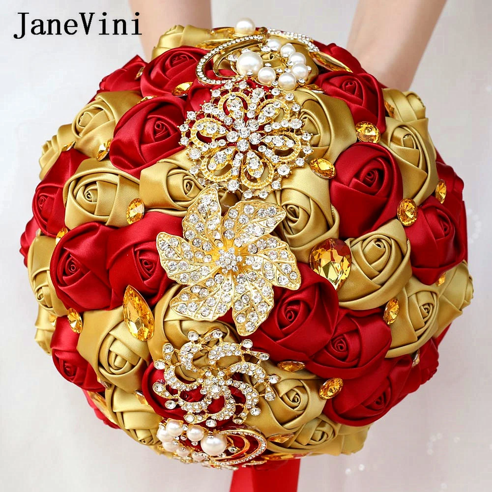 

JaneVini Luxurious Graduation Bouquet Bride Flower Bouquet with Gold Jewelry Gemstones Bling Crystal Bridal Wedding Red Bouquet